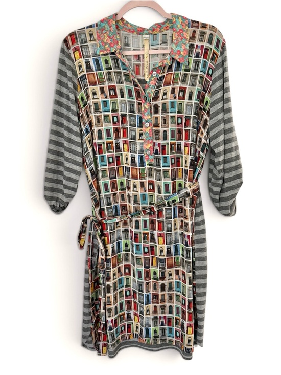Uncle Frank Dresses & Skirts - Uncle Frank Ivy Jane Mixed Media Dress Novelty Doors Print Striped Floral Size L